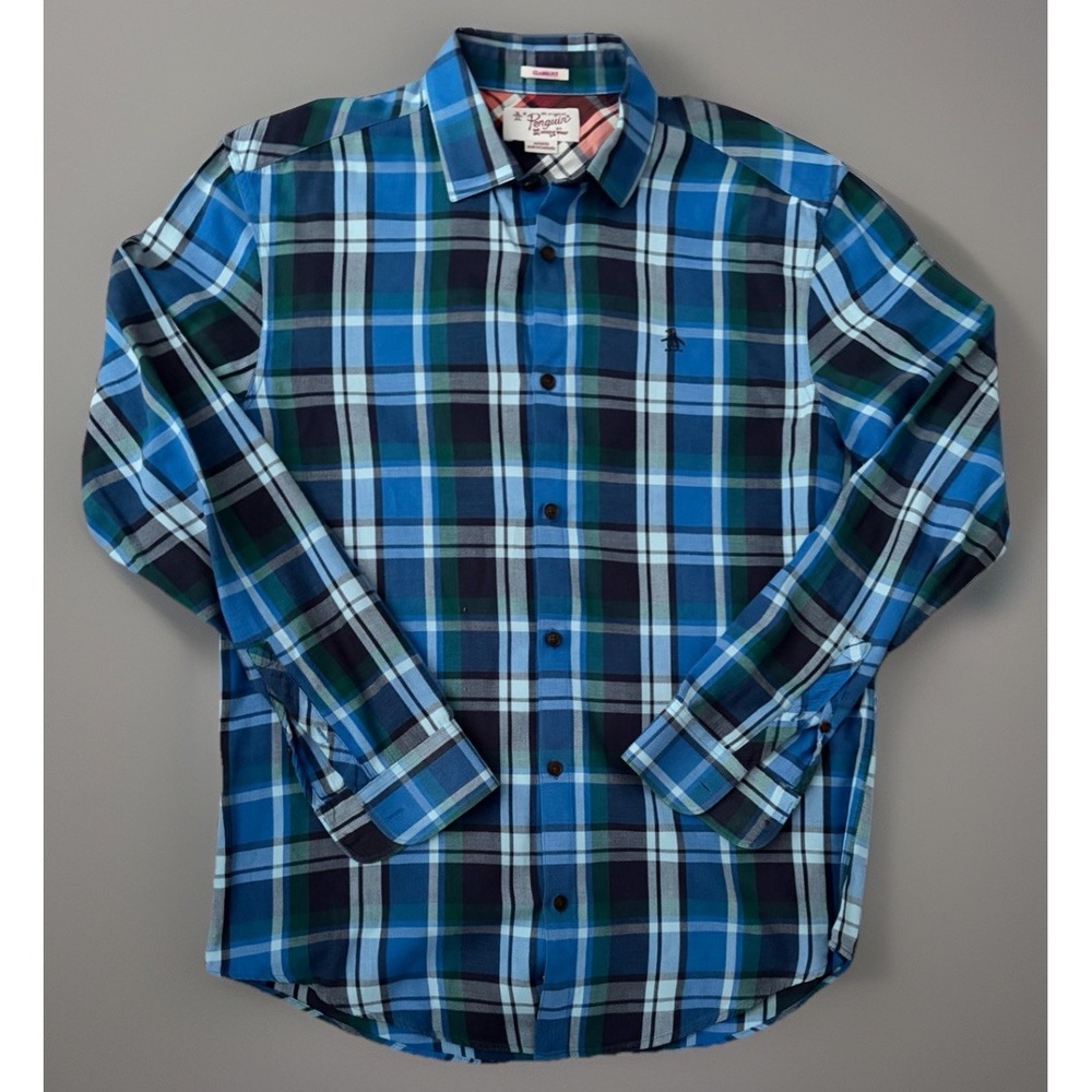 Penguin Munsingwear Long Sleeve Button Up Shirt Blue Plaid Logo Medium JBHS
